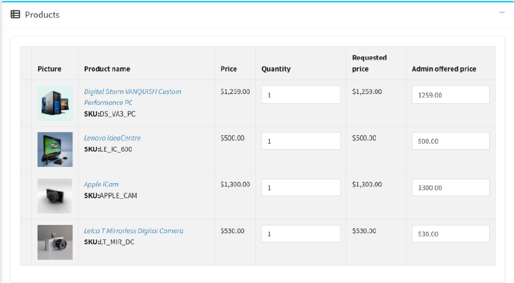 Request for quote edit quote details products section